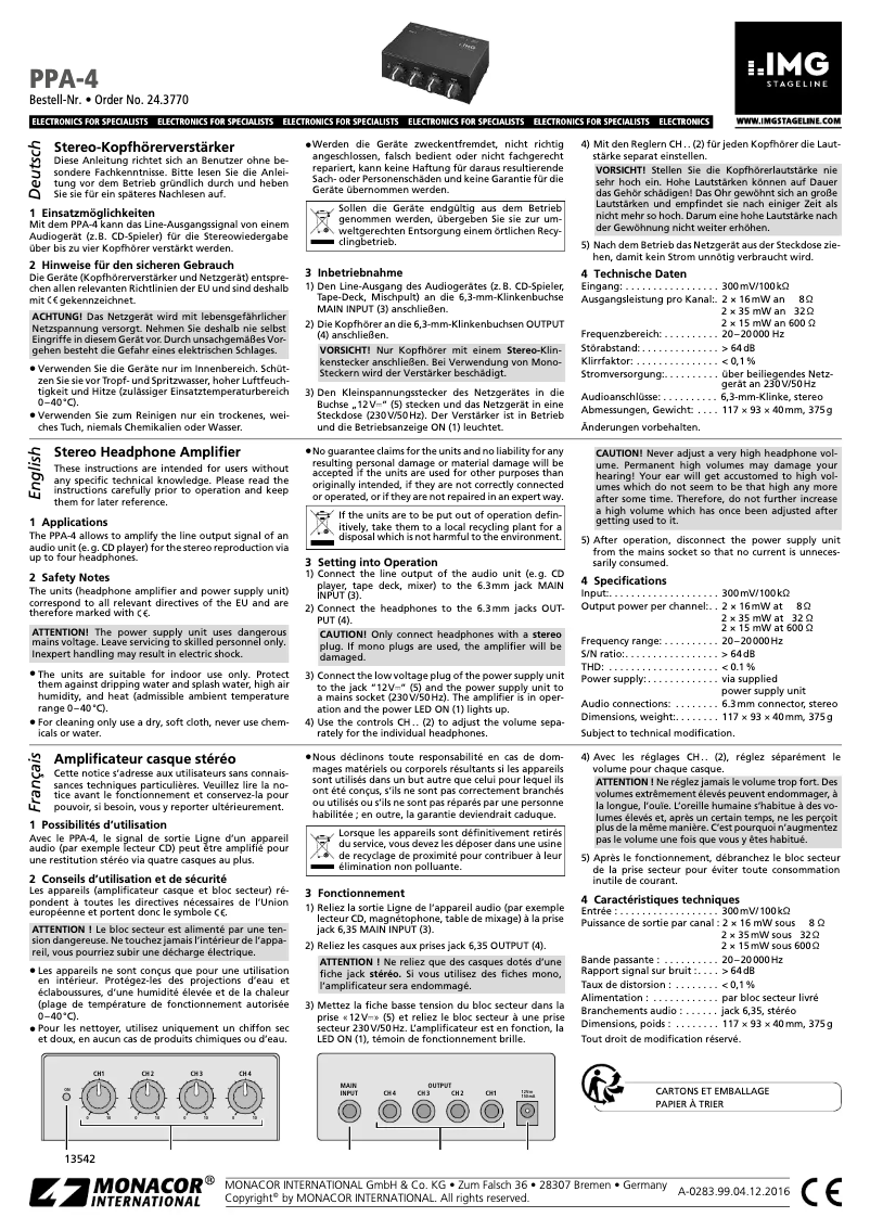 Page n°1 - Manuel utilisateur IMG Stageline PPA-4