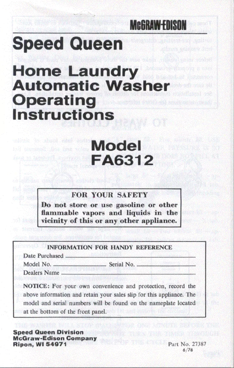 Page 1 de la notice Manuel utilisateur Speed Queen FA6312