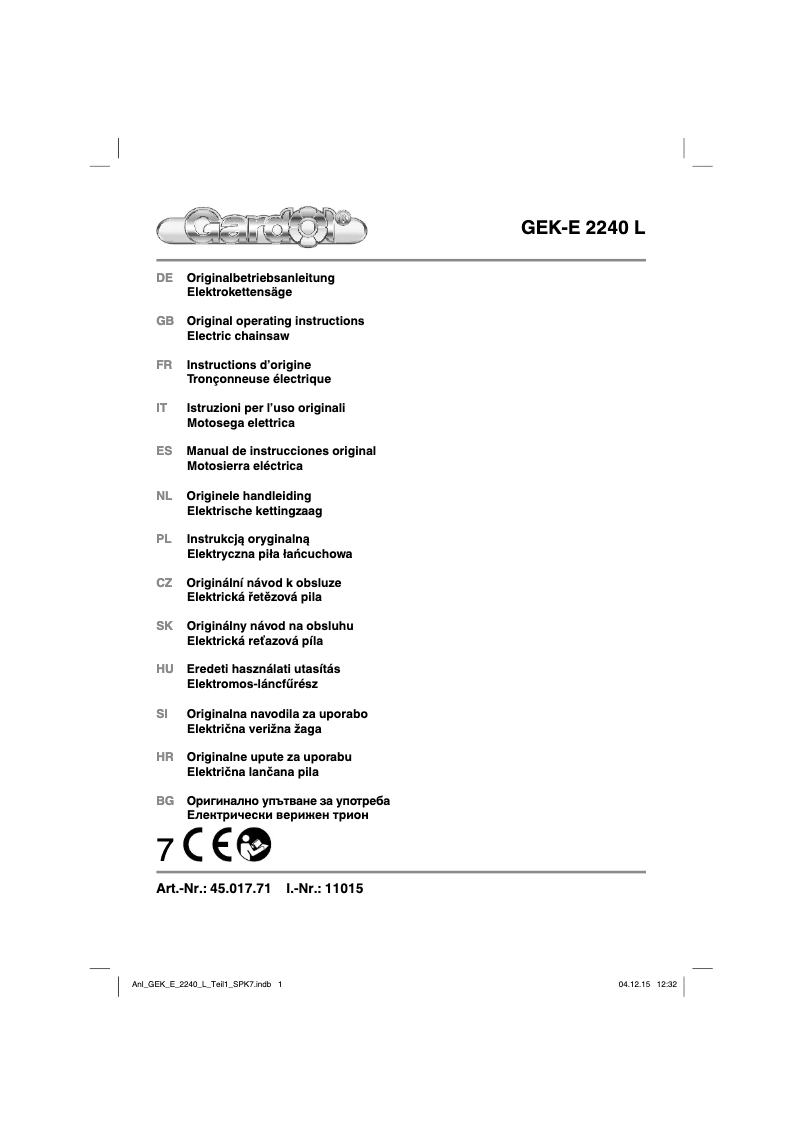 Page 1 de la notice Manuel utilisateur Gardol GEK-E 2240 L