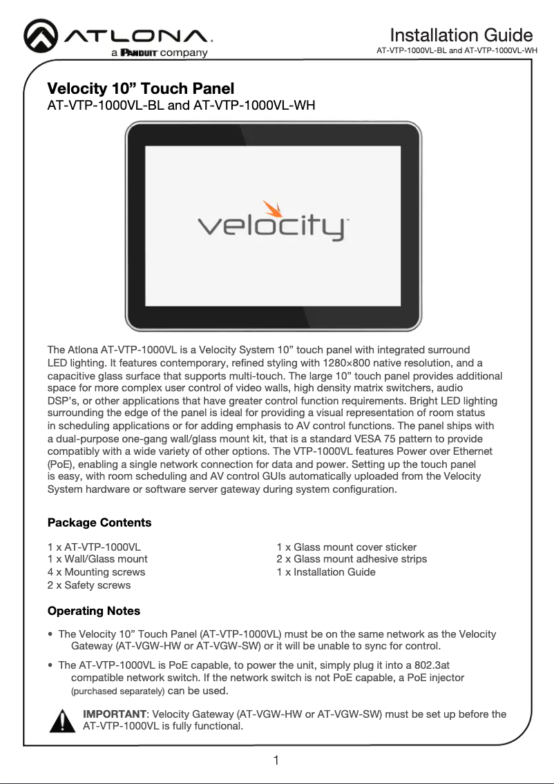 Page 1 de la notice Guide d'installation Atlona AT-VTP-1000VL