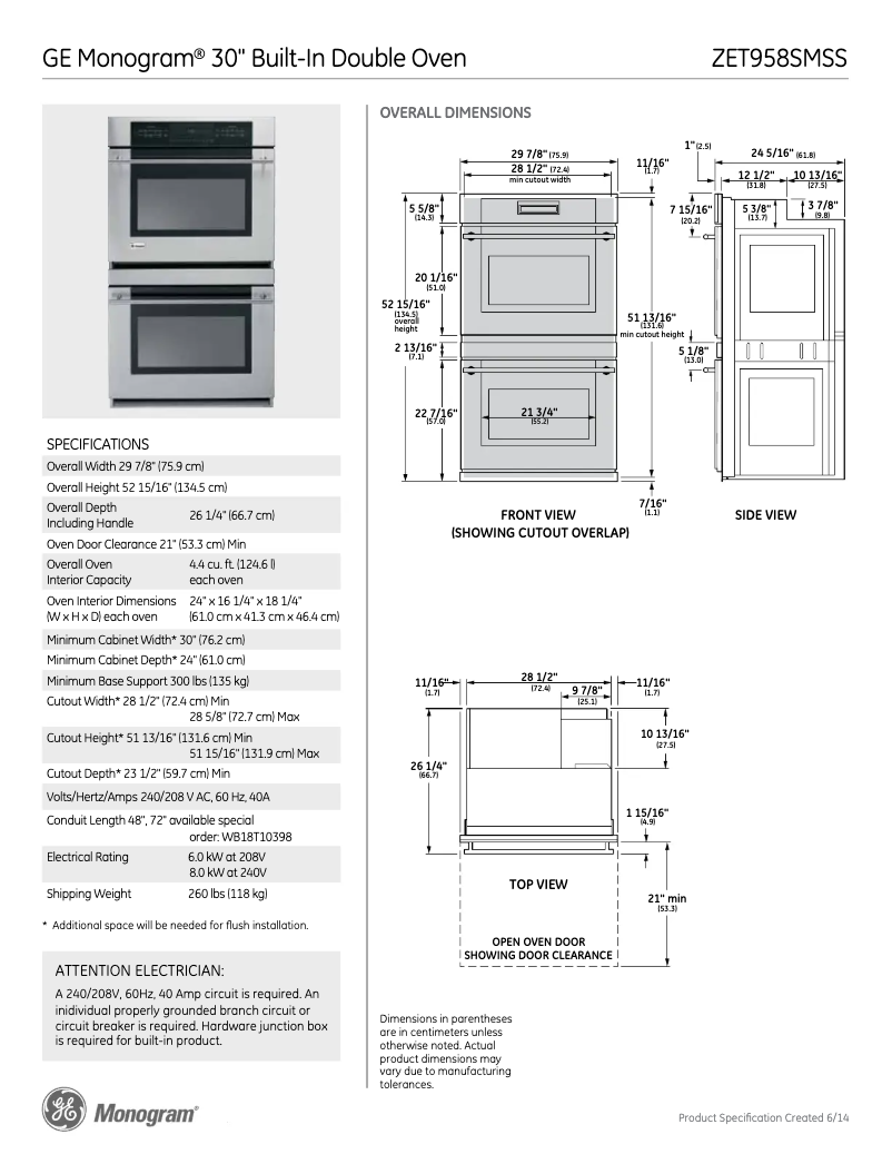 Page n°1 - Fiche technique GE ZET958SMSS