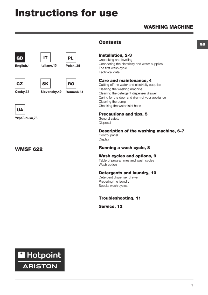 Page 1 de la notice Manuel utilisateur Hotpoint Ariston WMSF 622 EU.L