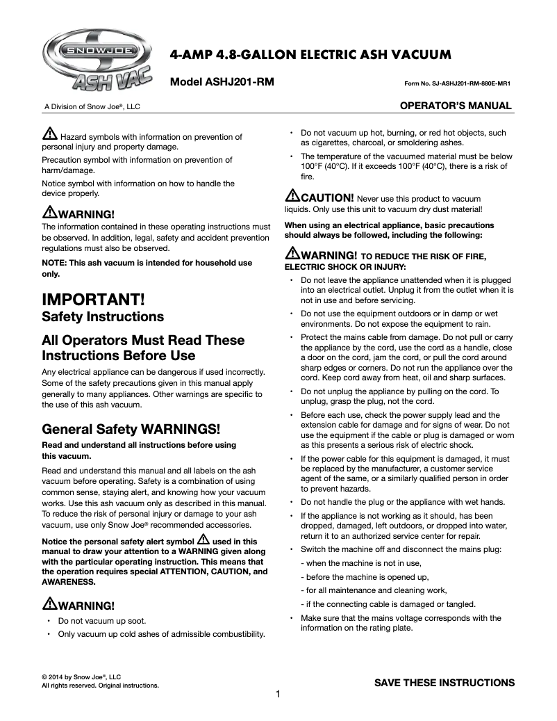 Page 1 de la notice Manuel utilisateur Snow Joe ASHJ201-RM