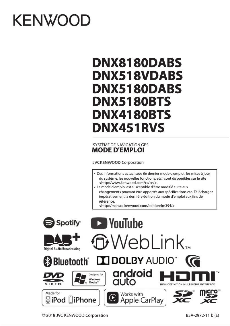 Page n°1 - Manuel utilisateur Kenwood DNX451RVS