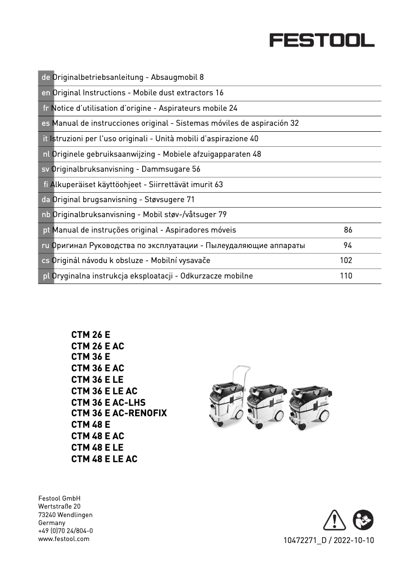 Page 1 de la notice Manuel utilisateur Festool CTM 36 E