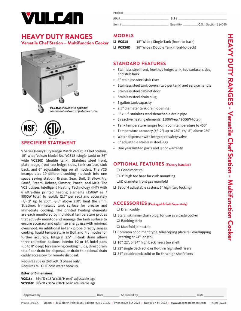 Page 1 de la notice Fiche technique Vulcan VCS36D