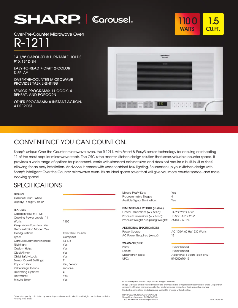 Page 1 de la notice Fiche technique Sharp R-1211T