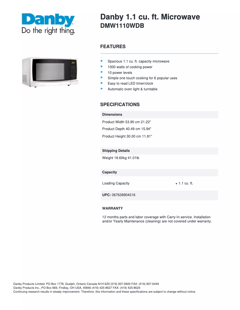 Page 1 de la notice Fiche technique Danby DMW1110WDB