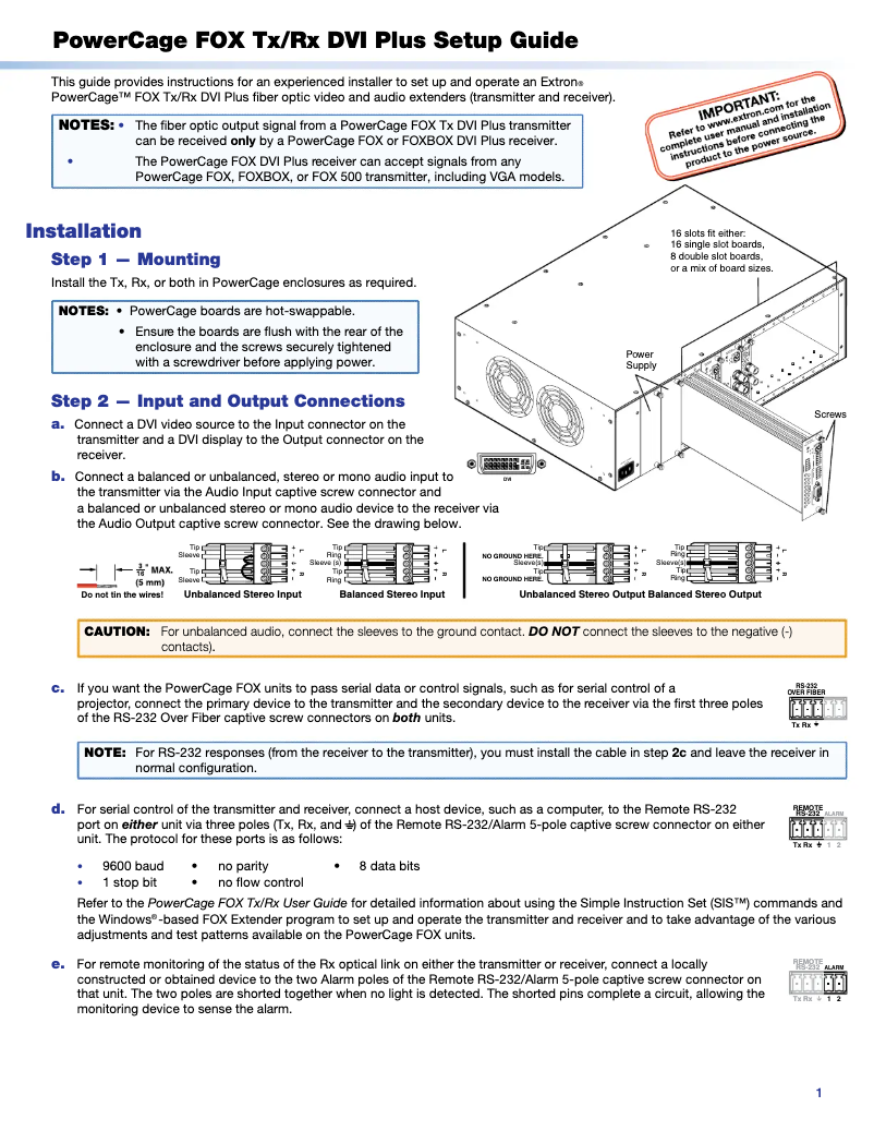 Page 1 de la notice Manuel utilisateur Extron PowerCage FOX Tx DVI Plus