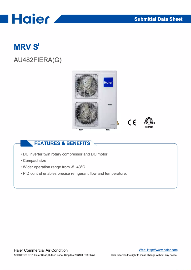 Page 1 de la notice Manuel utilisateur Haier AU482FIERA(DC)