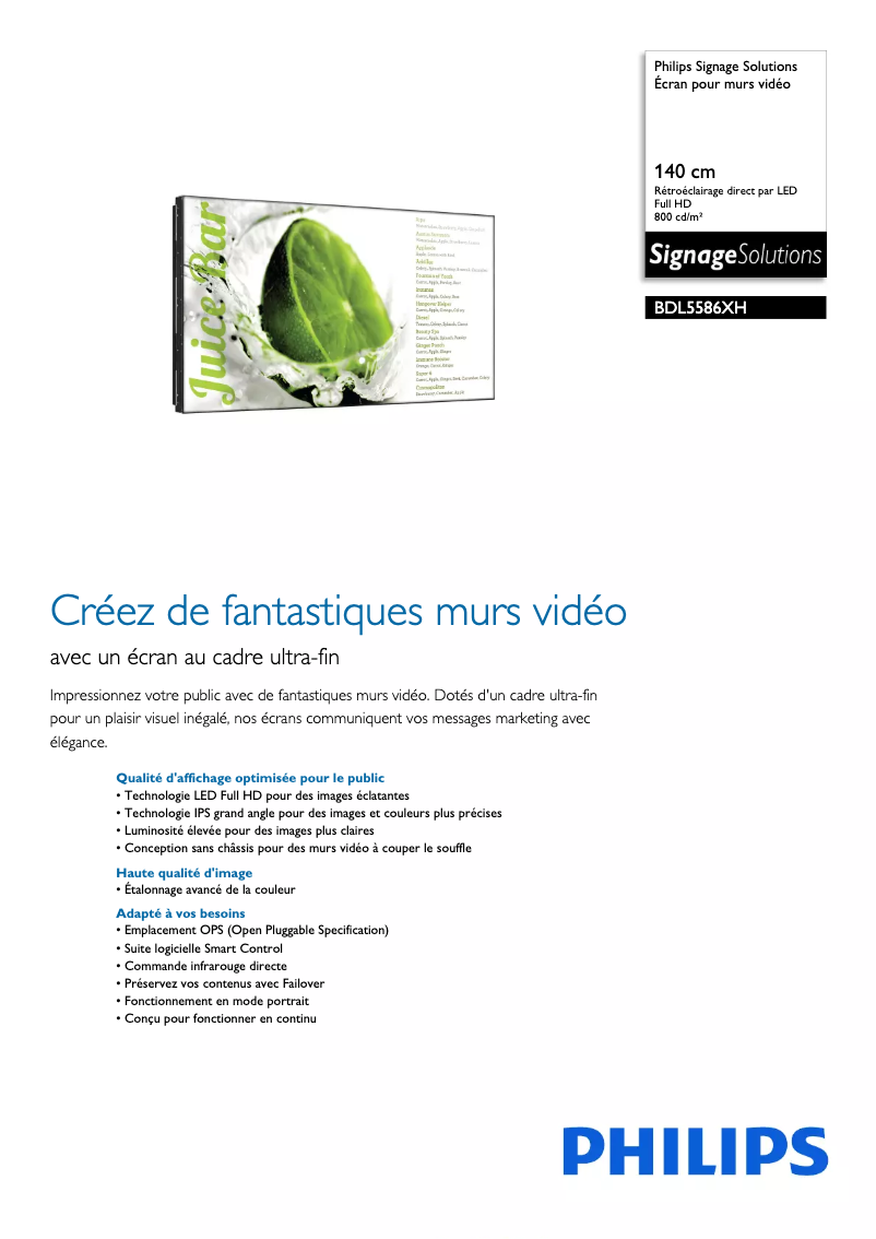 Page 1 de la notice Fiche technique Philips Signage Solutions BDL5586XH