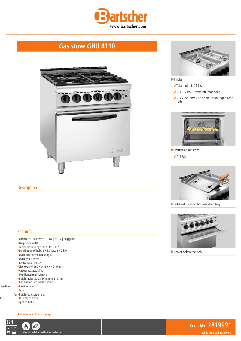 Page n°1 - Fiche technique Bartscher GHU 4110