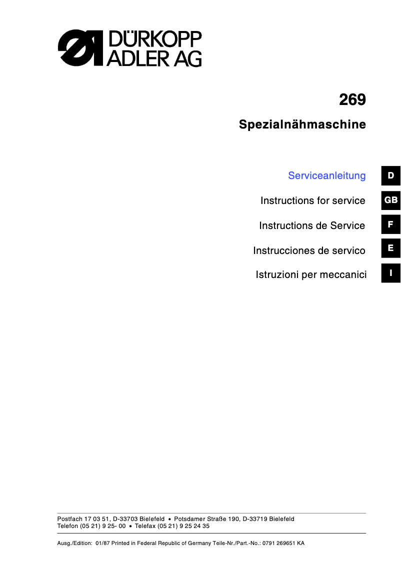 Page 1 of the manual User Manual Dürkopp Adler 269