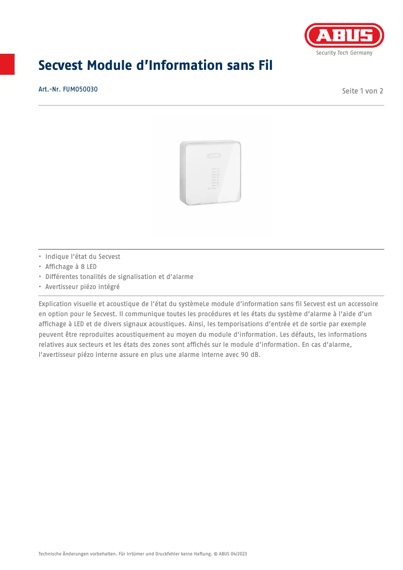 Page 1 de la notice Fiche technique Abus FUMO50030