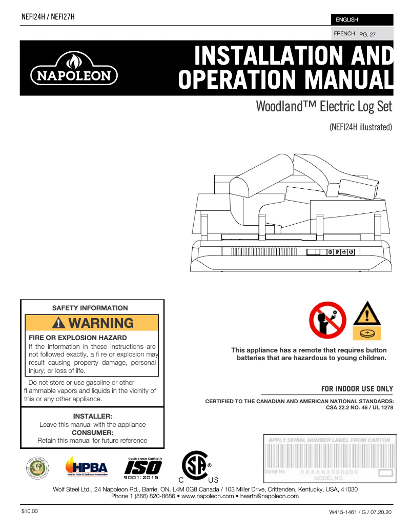 Page 1 de la notice Manuel utilisateur Napoleon Woodland NEFI24H