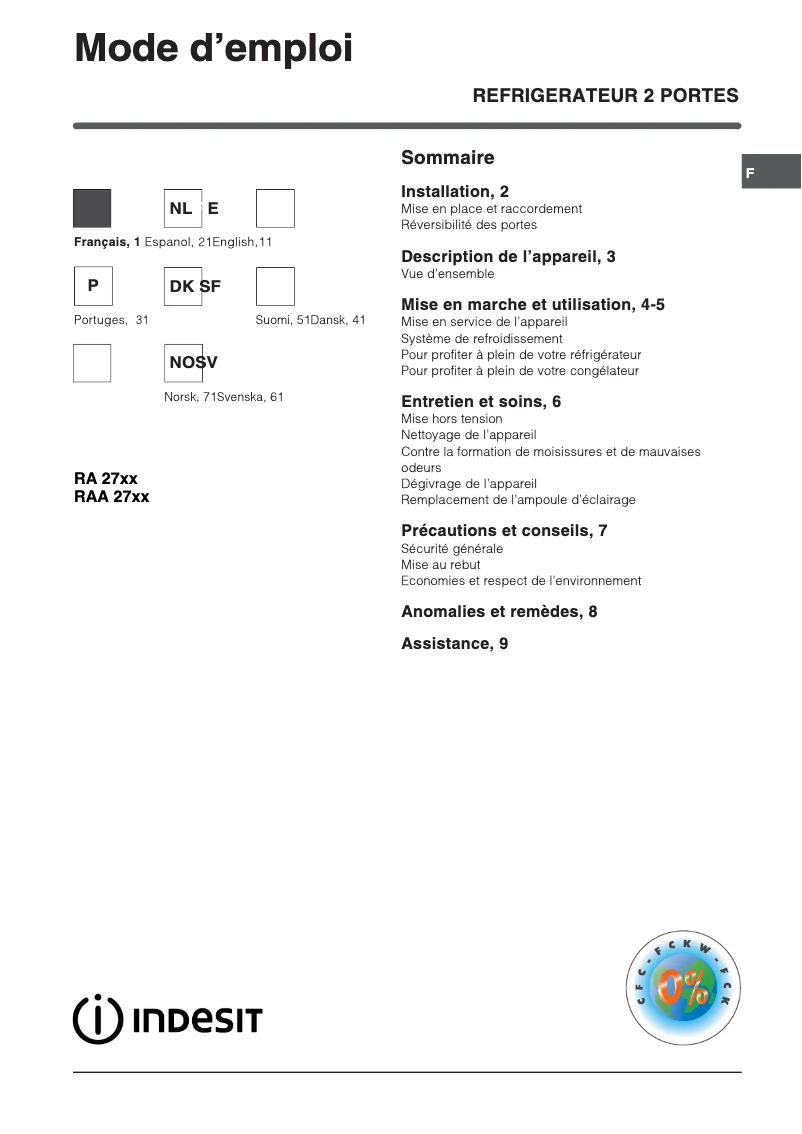 Page n°1 - Manuel utilisateur Indesit RAA 27 IX