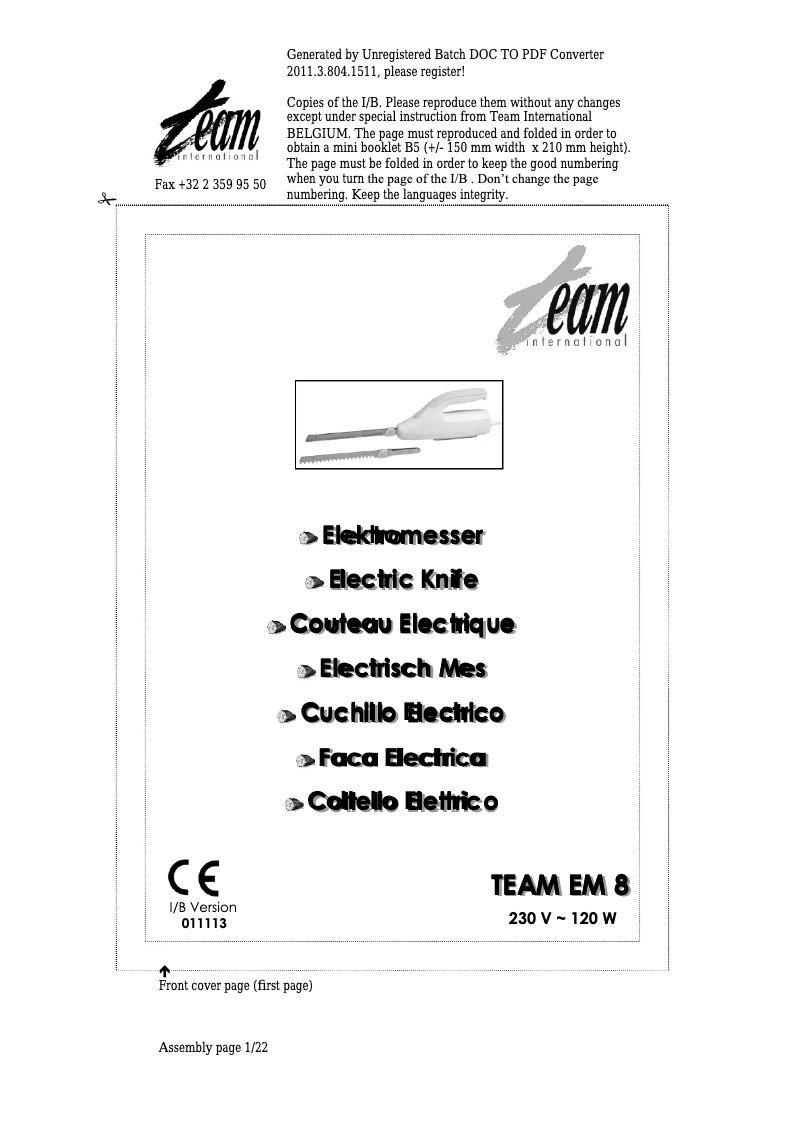 Page n°1 - Manuel utilisateur Team EM 8