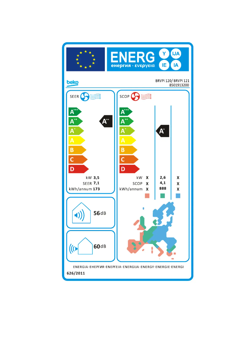 Page 1 de la notice Label énergétique Beko BRVPI 120/ BRVPI 121