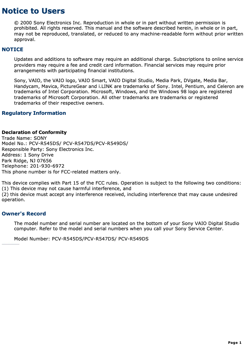 Page 1 de la notice Manuel utilisateur Sony Vaio PCV-R547DS