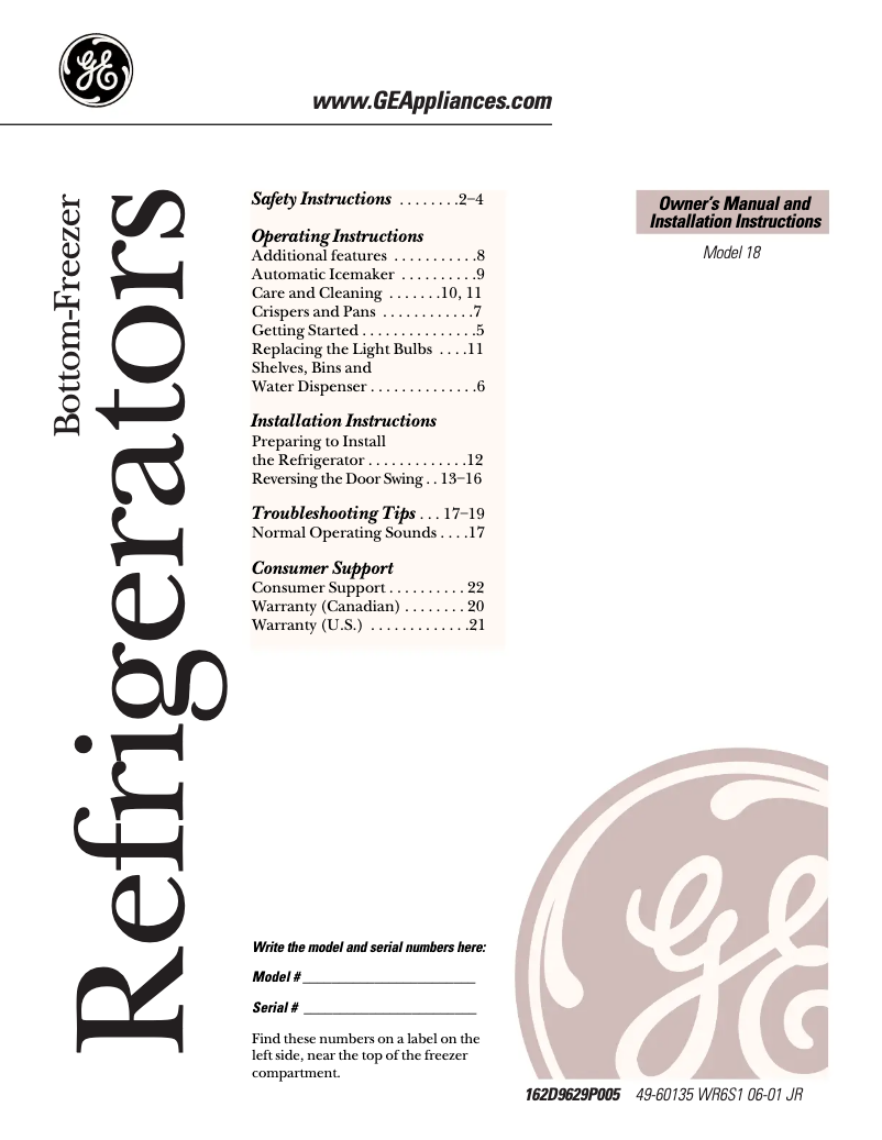 Page n°1 - Manuel utilisateur GE PBE18KZMWW