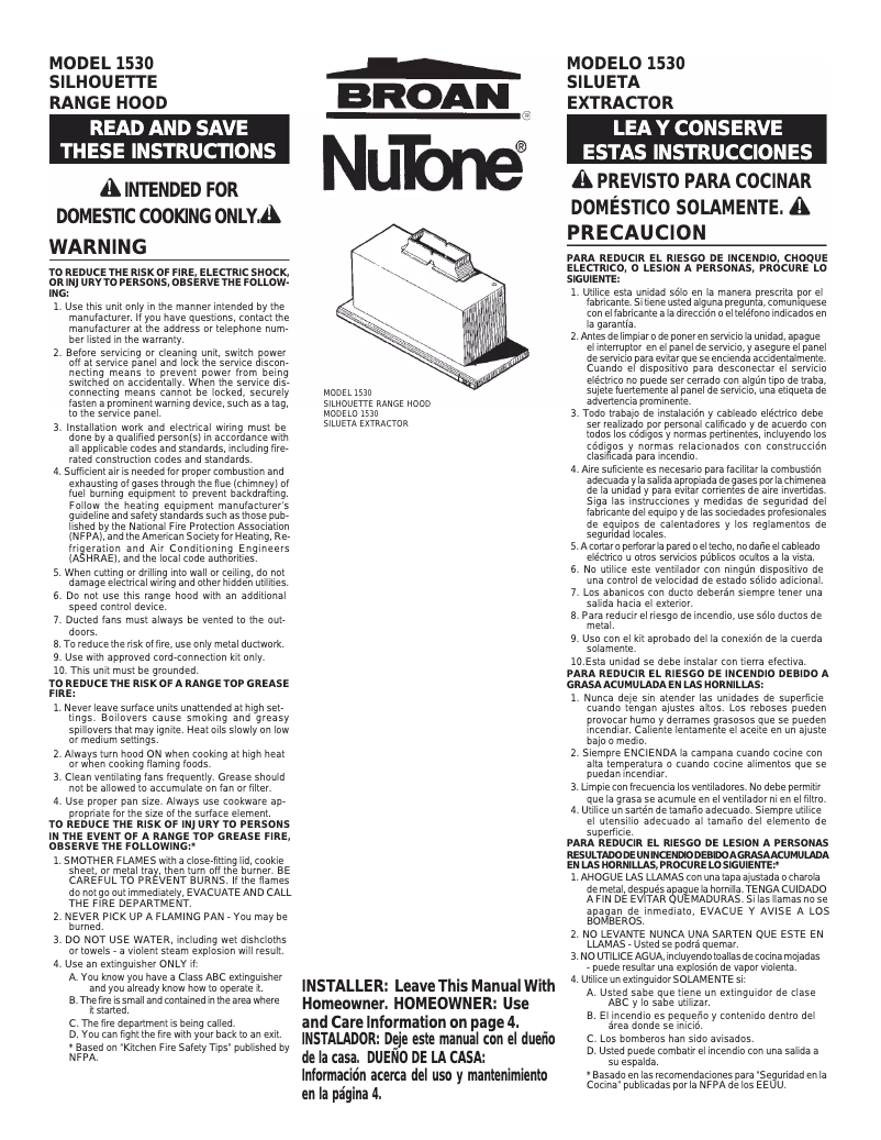 Page n°1 - Guide d'installation Broan Silhouette 153604