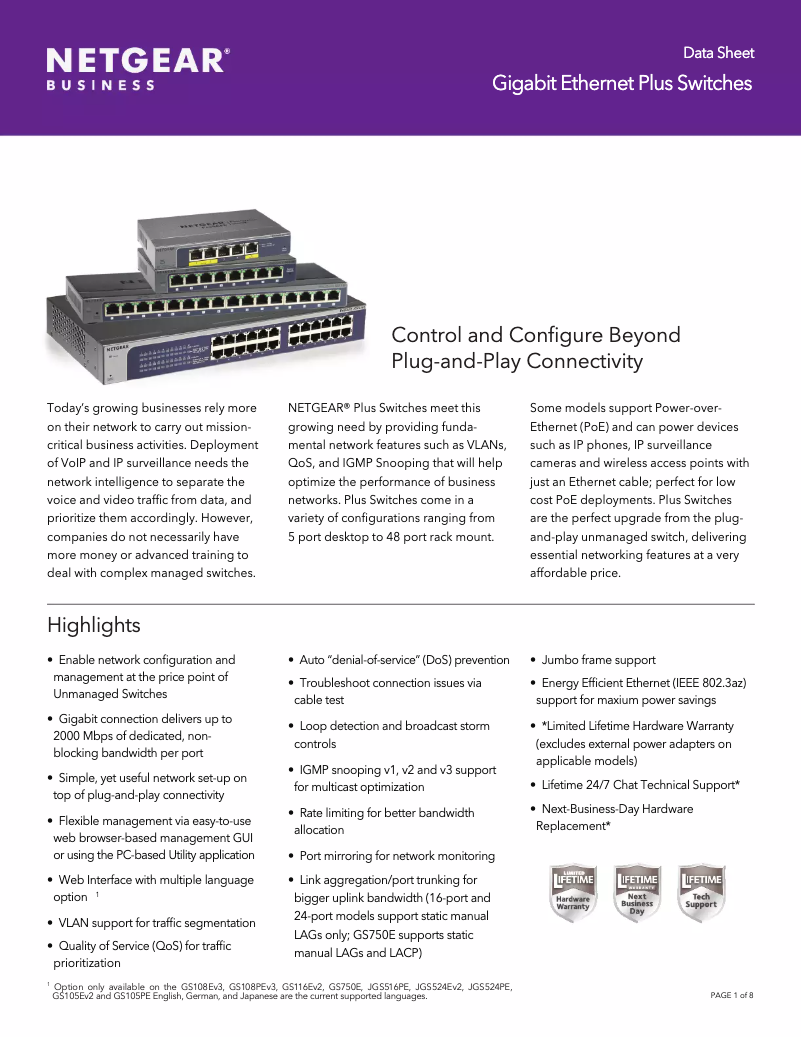 Page 1 de la notice Fiche technique Netgear JGS516PE