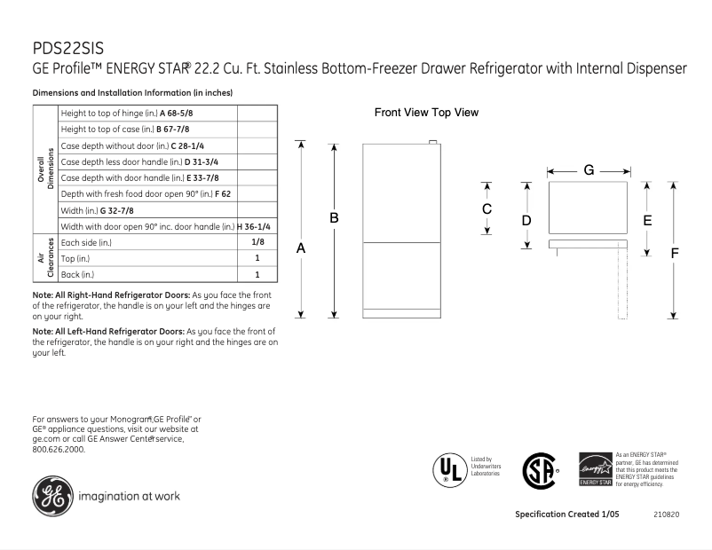 Página 1 del manual Ficha técnica GE Profile PDS22SISRSS