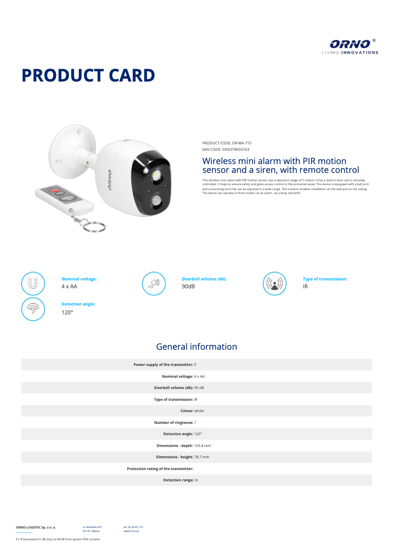 Page 1 de la notice Fiche technique ORNO OR-MA-715