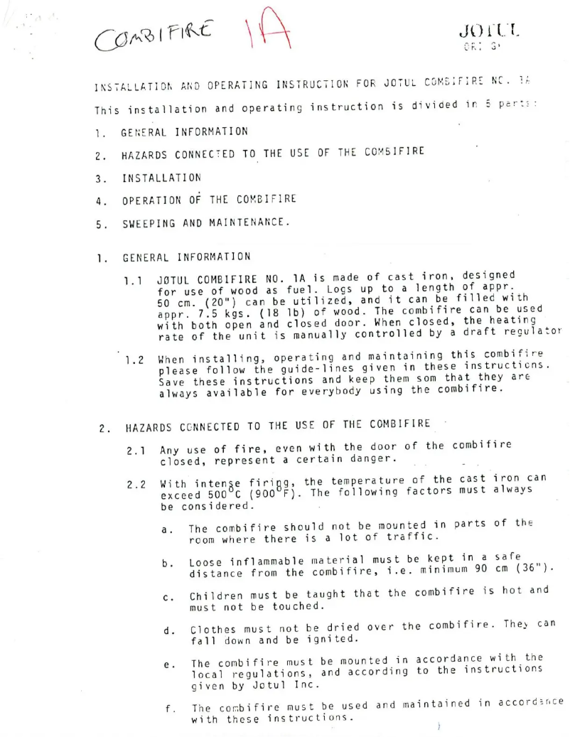 Page 1 de la notice Manuel utilisateur Jøtul Combifire 1A