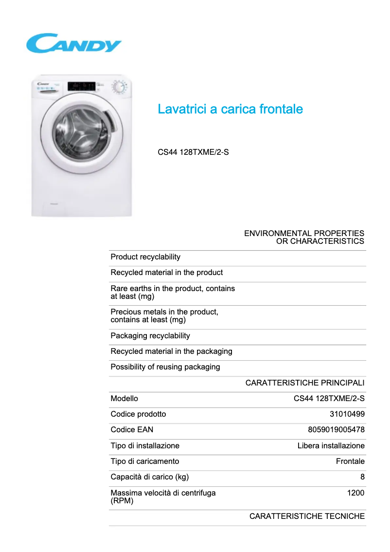 Page 1 de la notice Fiche technique Candy CS44 128TXME/2-S