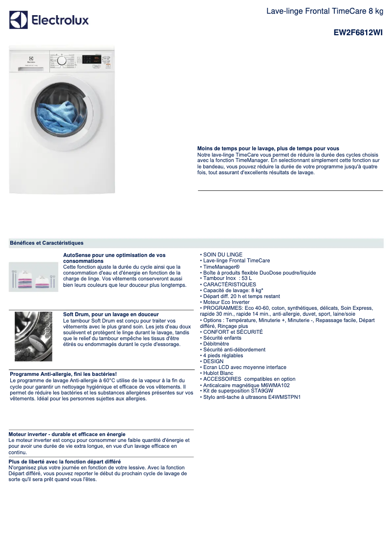 Page 1 de la notice Fiche technique Electrolux EW2F6812WI