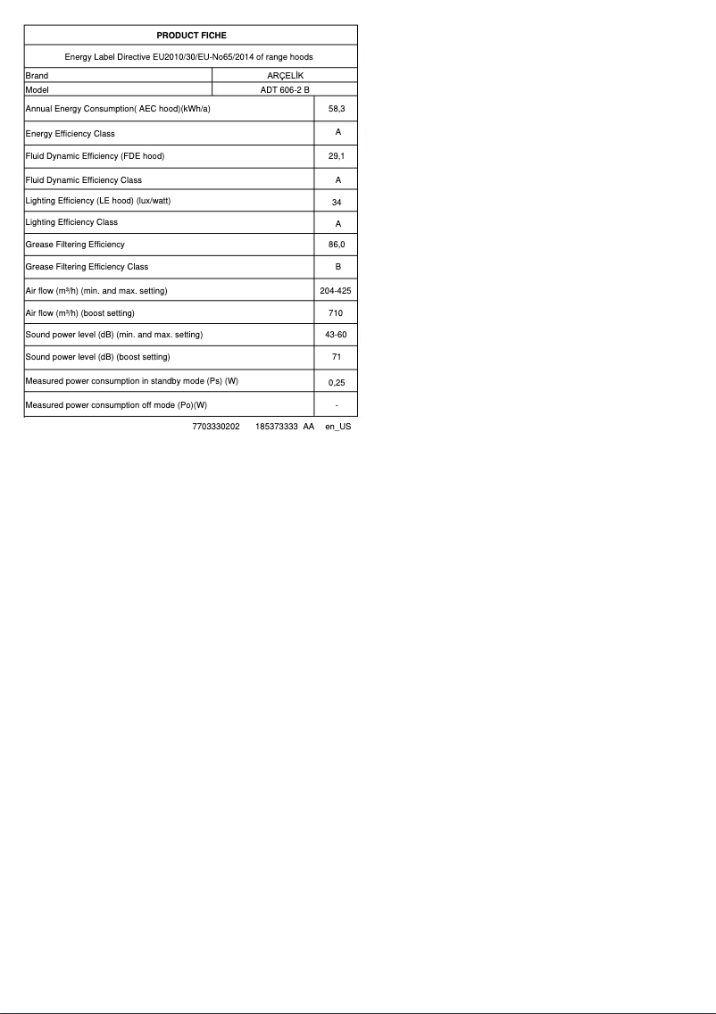 Page n°1 - Fiche technique Arçelik ADT 606-2 B