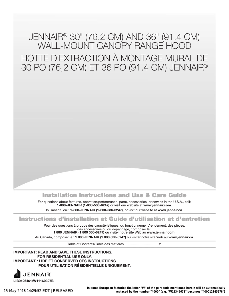 Page 1 de la notice Guide d'installation JennAir JVR0436HS