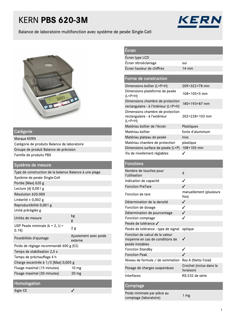 Page 1 de la notice Fiche technique Kern PBS 620-3M