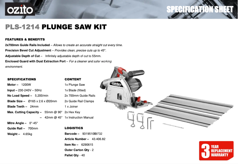 Página 1 del manual Ficha técnica Ozito PLS-1214