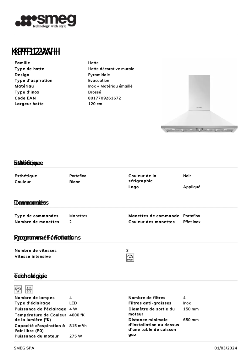 Page 1 de la notice Fiche technique Smeg KPF12WH