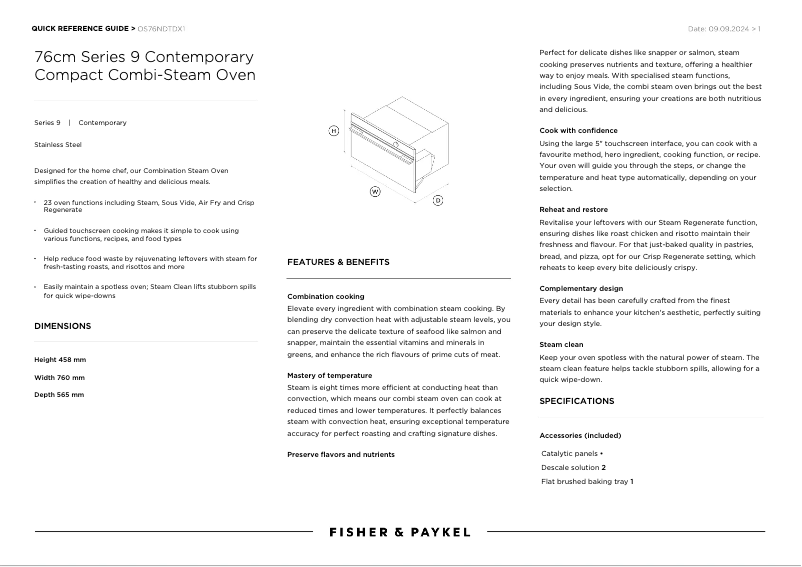 Page 1 de la notice Fiche technique Fisher & Paykel OS76NDTDX1