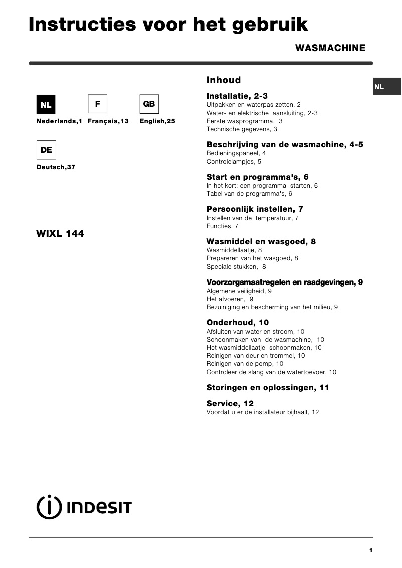 Page 1 de la notice Manuel utilisateur Indesit WIXL 144