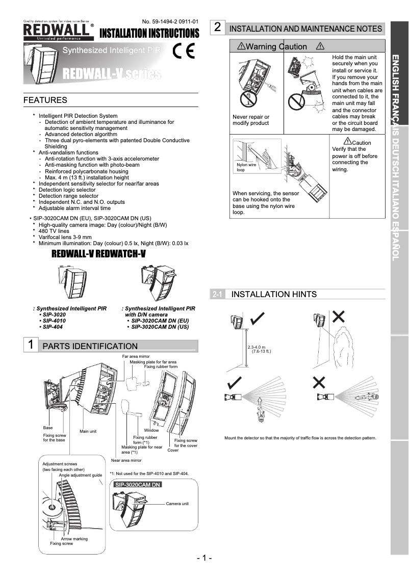 Page 1 de la notice Manuel utilisateur Optex Redwall SIP-3020-IP-BOX