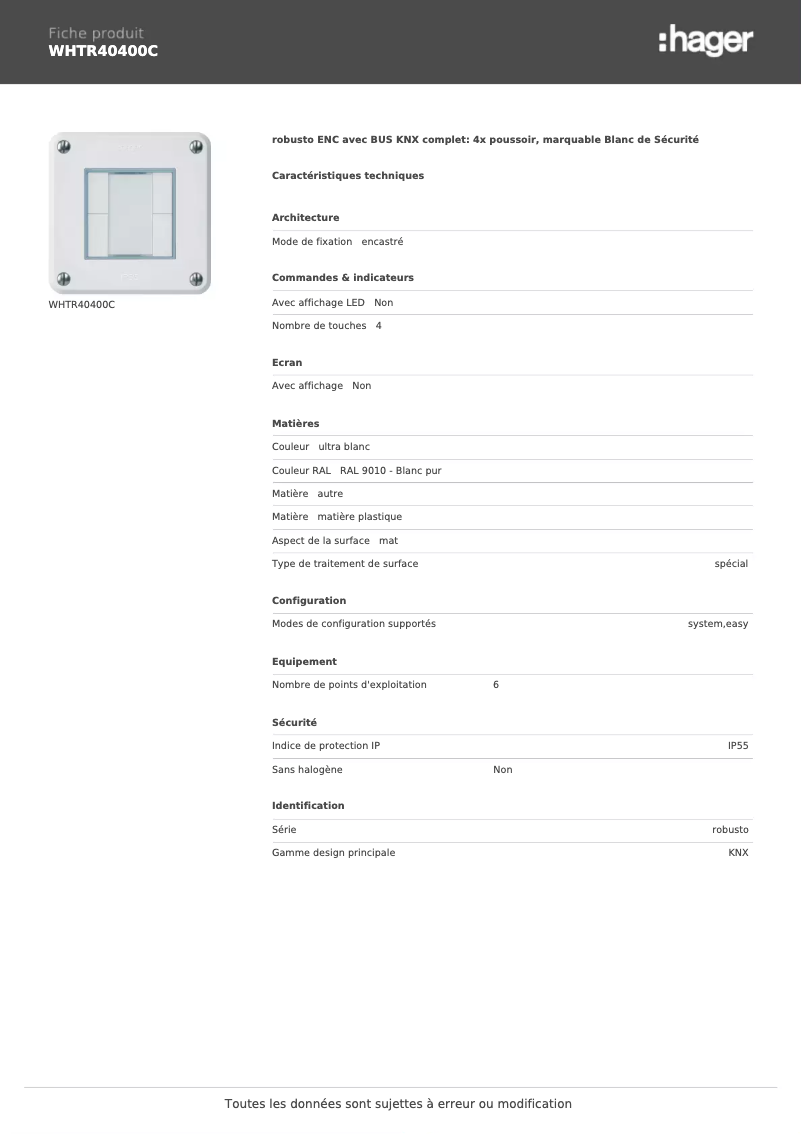 Page n°1 - Fiche technique Hager WHTR40400C