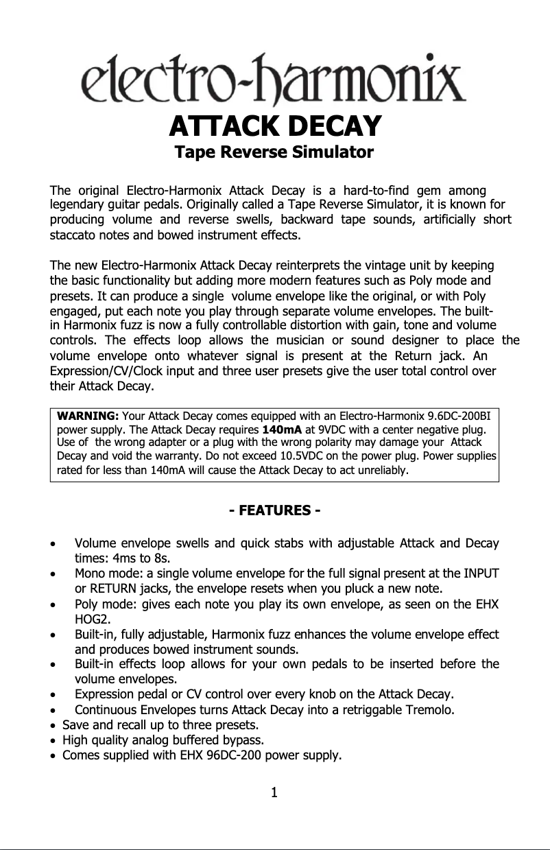 Page 1 de la notice Manuel utilisateur Electro Harmonix Attack Decay
