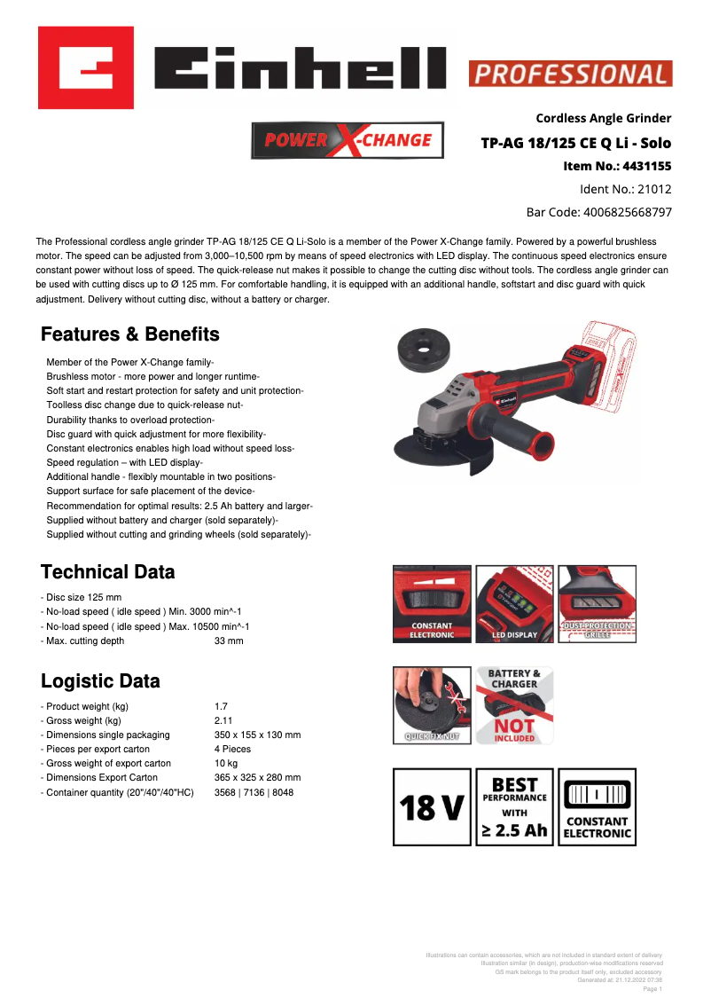 Page n°1 - Fiche technique Einhell TP-AG 18/125 CE Q Li