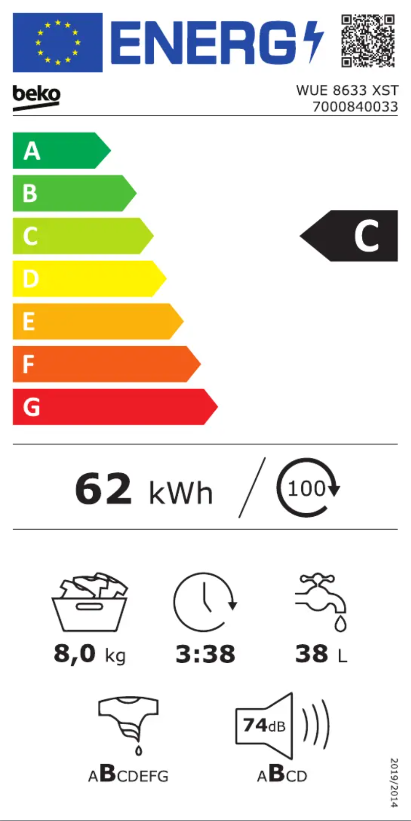 Page 1 de la notice Label énergétique Beko WUE 8633 XST