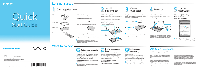 Page 1 de la notice Guide d'installation Sony Vaio VGN-AW290C