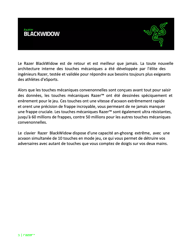Page 1 de la notice Manuel utilisateur Razer BlackWidow