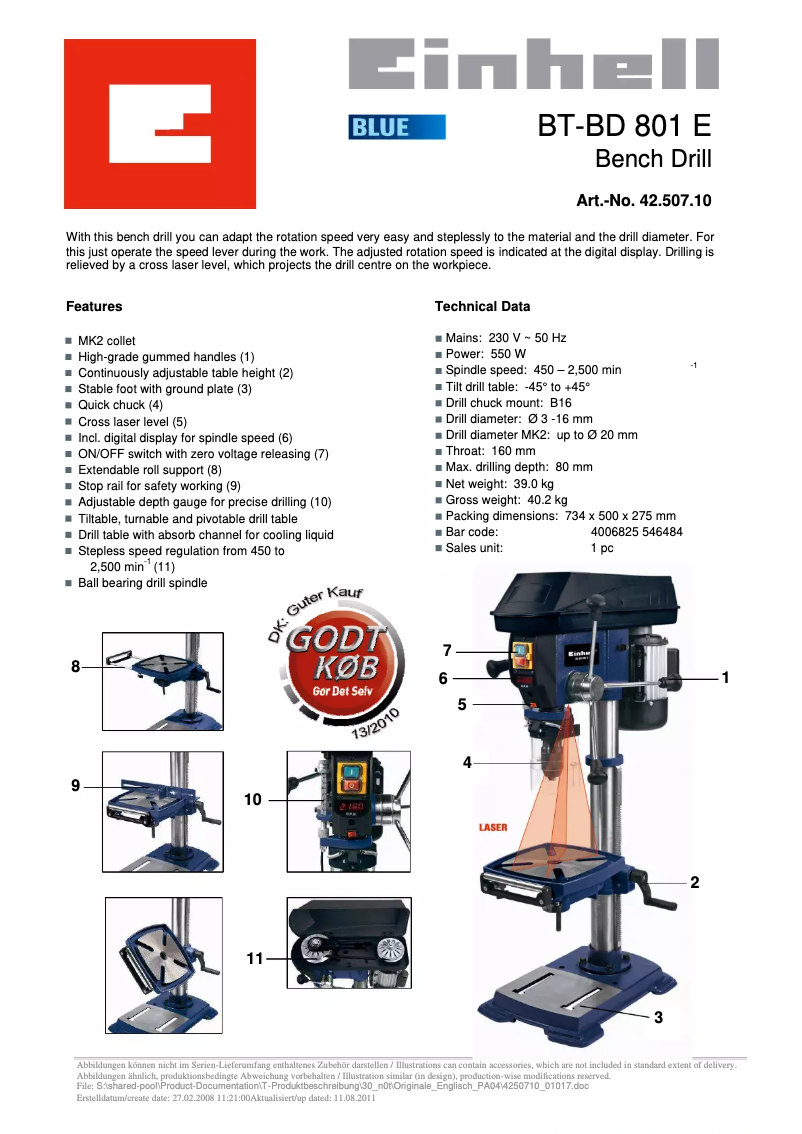 Page 1 de la notice Fiche technique Einhell BT-BD 801 E