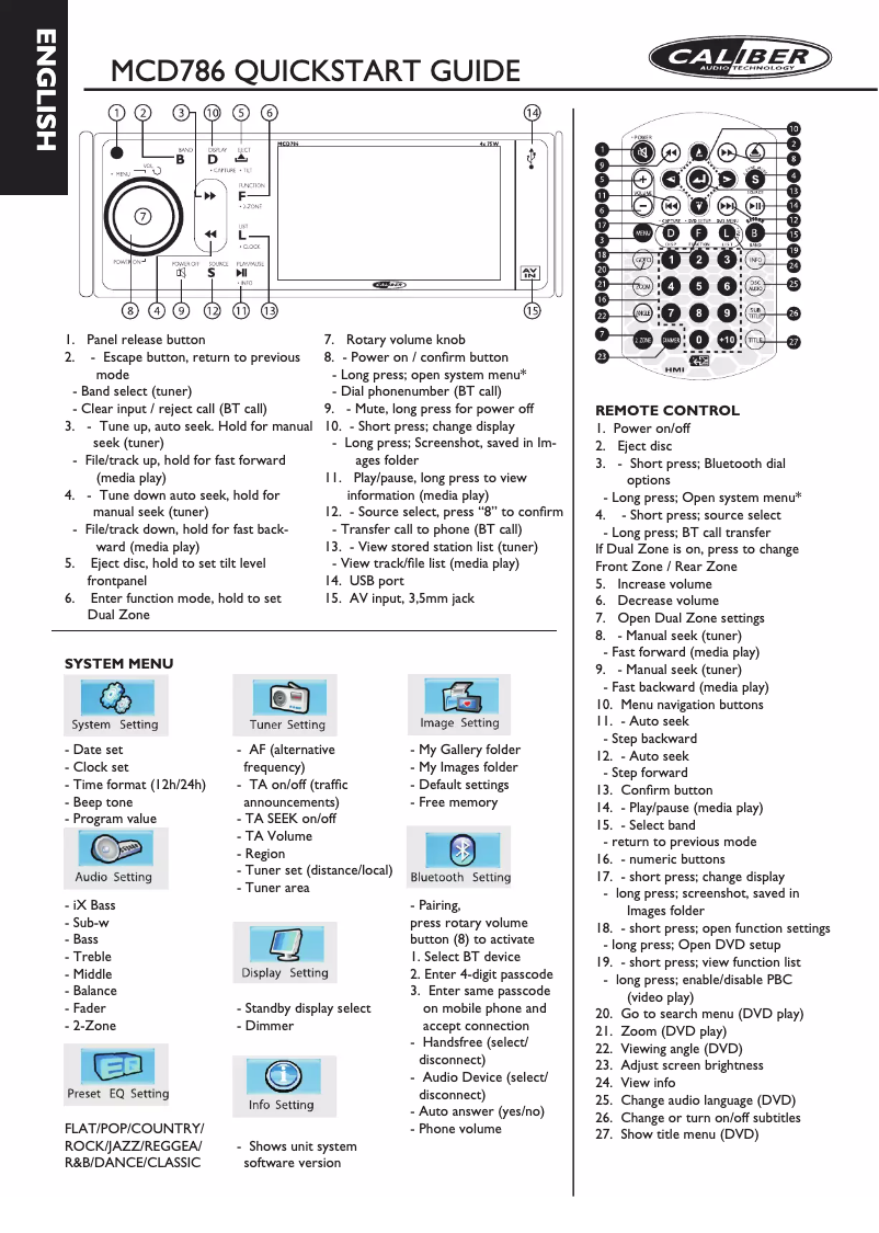 Page 1 de la notice Manuel utilisateur Caliber RDD 786BT