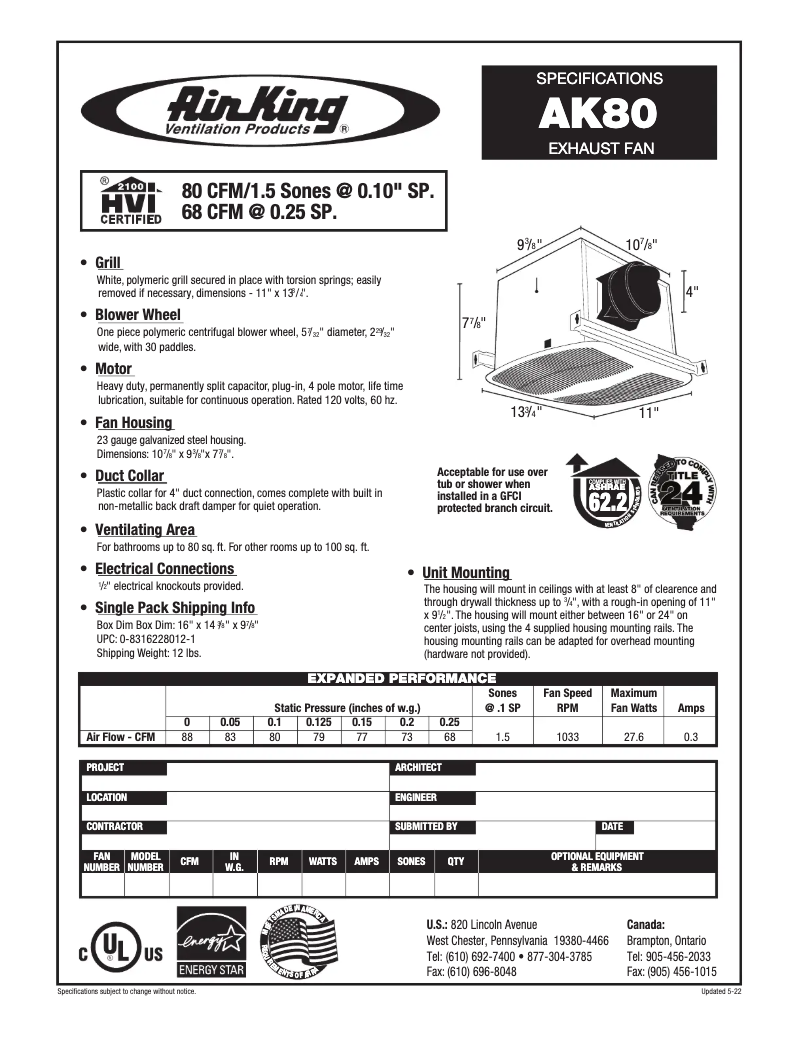 Page n°1 - Fiche technique Air King AK80