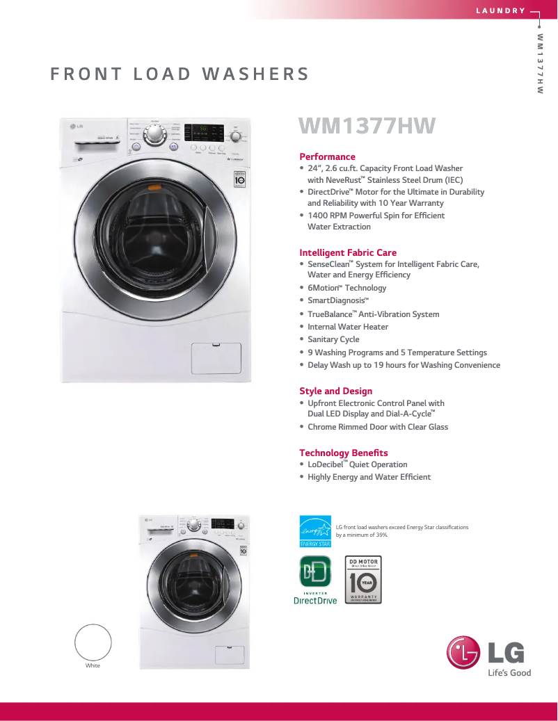 Page 1 de la notice Fiche technique LG WM1377HW