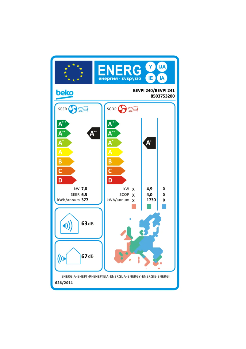 Page 1 de la notice Label énergétique Beko BEVPI 240
